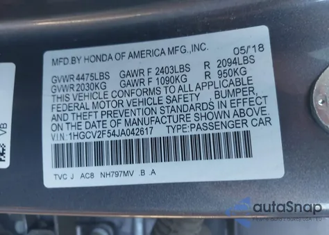 2018 Honda Accord Ex-L 2.0T из США, поврежденный, VIN 1HGCV2F54JA042617